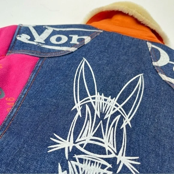 RARE Vintage Von Dutch Y2K Pink & Yellow Suede Blue Denim Faux Fur Bomber Jacket - Picture 14 of 16